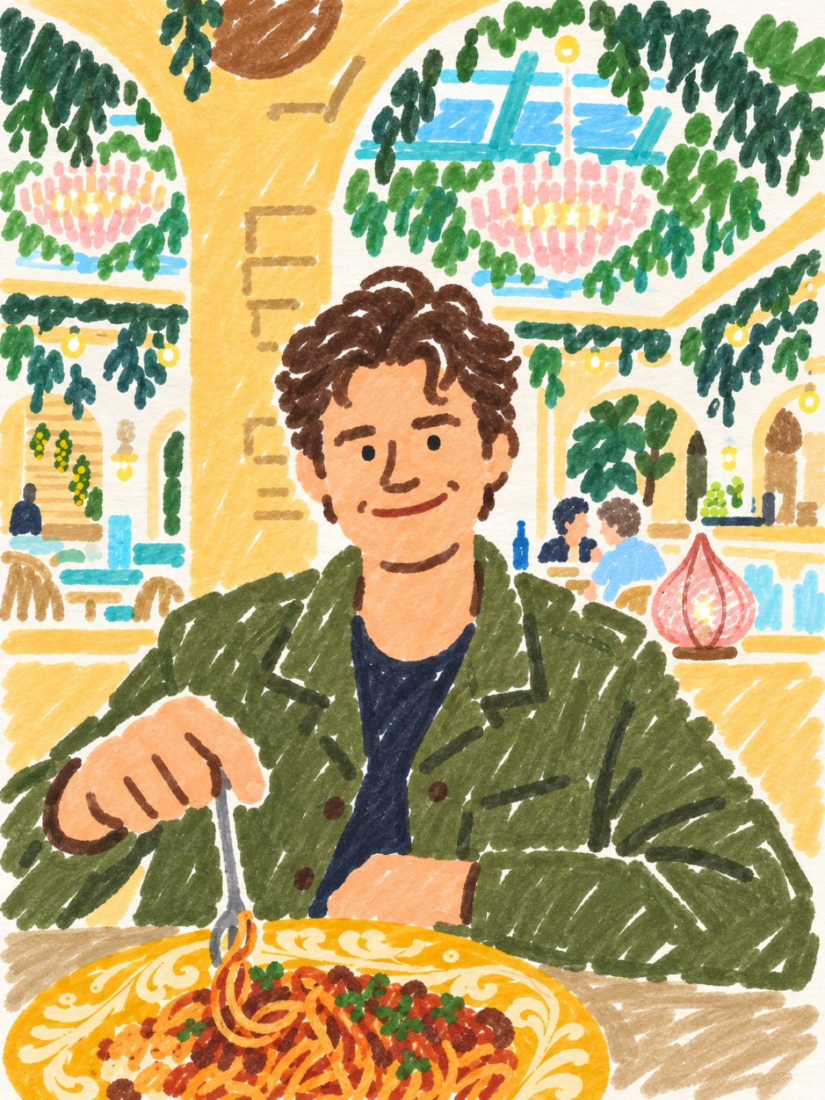 Marker drawing of the maker of drawn.cards, twirling spaghetti in a leafy restaurant