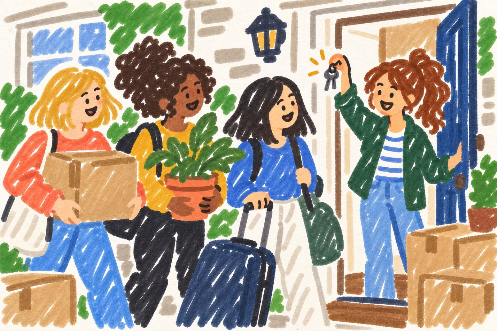 Marker drawing of friends carrying boxes and a plant to a front door, where one of them holds up the keys
