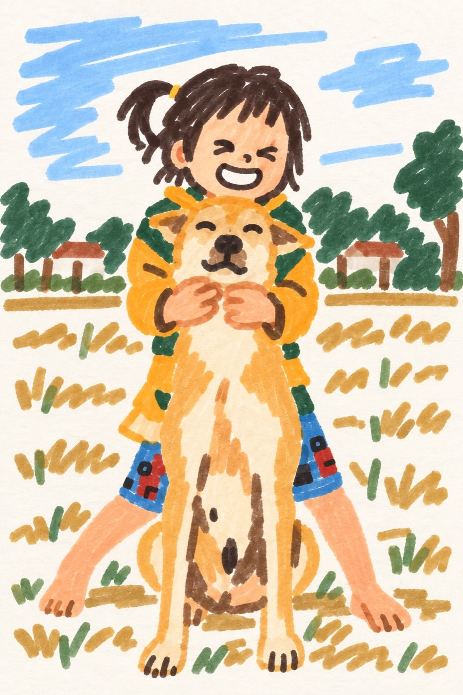 Marker drawing of a laughing child hugging a ginger dog in a field